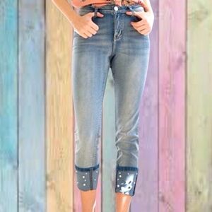 Denim Blvd Blue Light Wash Pearl Cuffed Hem Cropped Jeans NWT